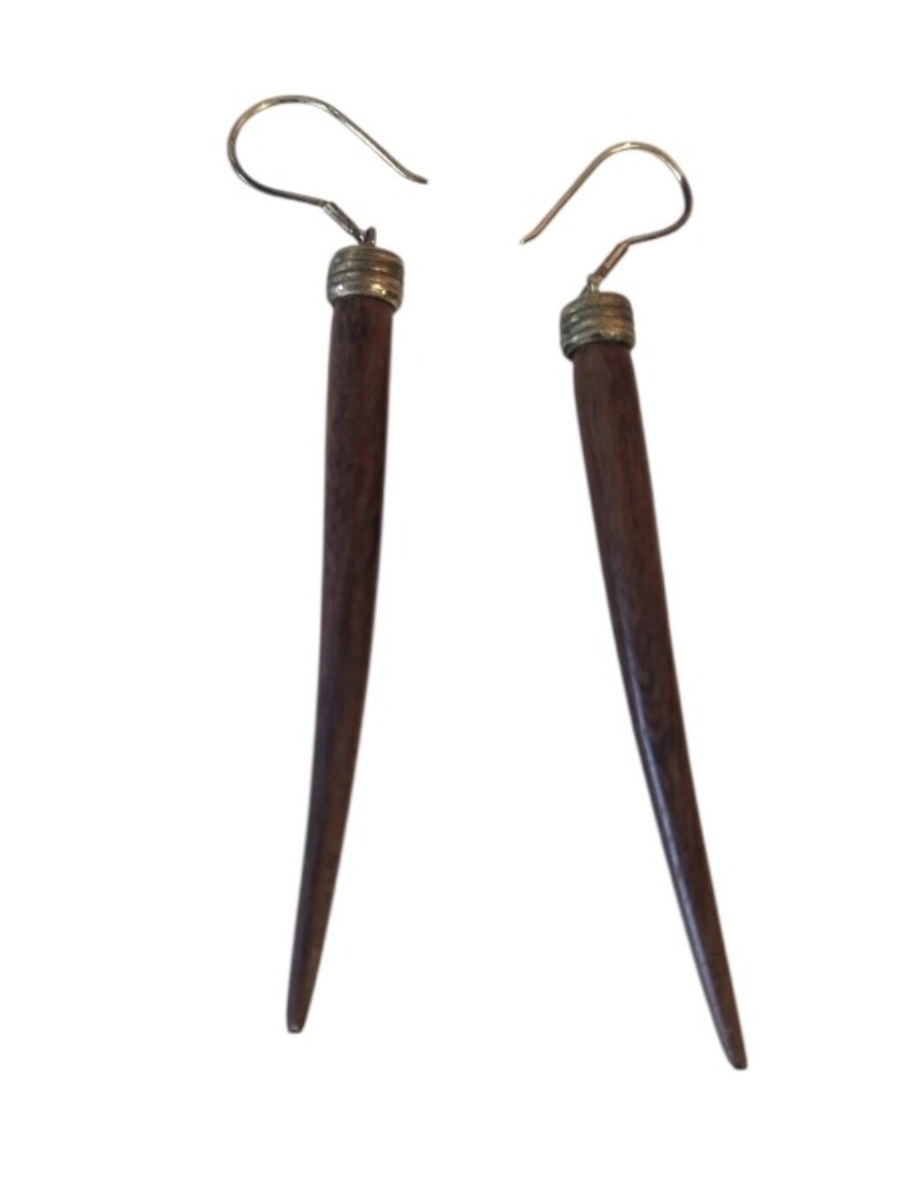Vintage Long Wood Point Drop Earrings Tapered Dark Wood Spikes Brass Tone